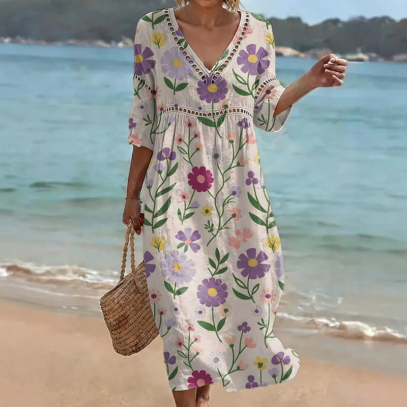 Elegant Watercolor Flowers Print Openwork Lace V-neck Half Sleeve Maxi Dress - Purple - US 16-18 (4XL) - image 1