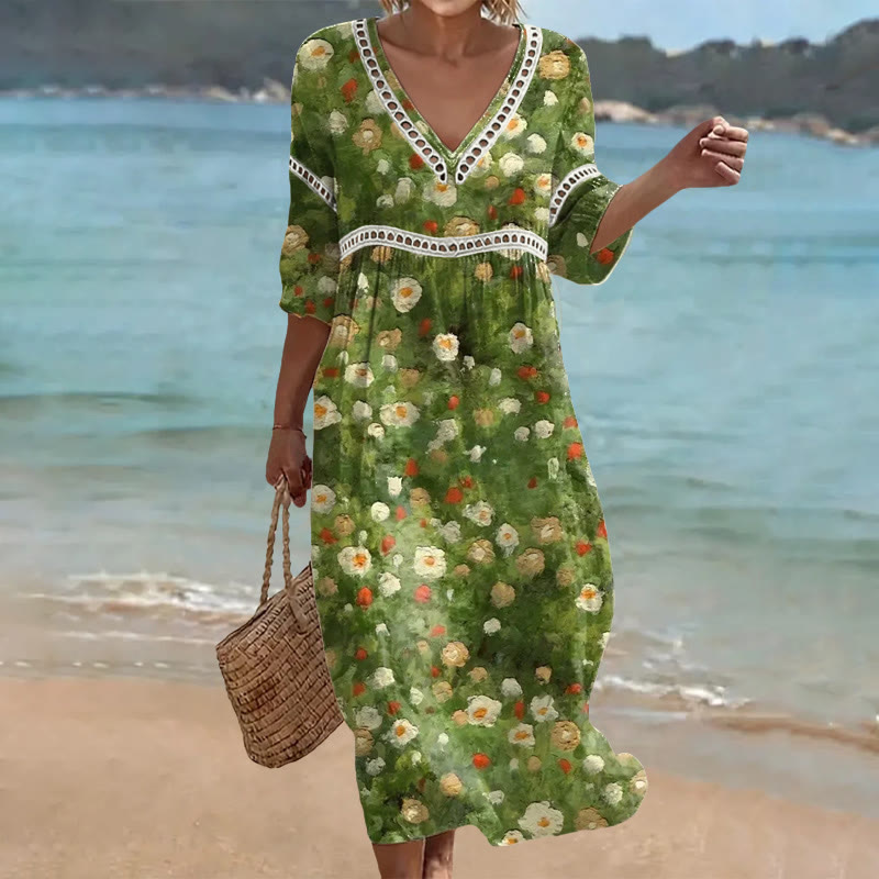Elegant Oil Painting Flower Garden Print Openwork Lace V-neck Half Sleeve Maxi Dress - Green - 4XL - image 1