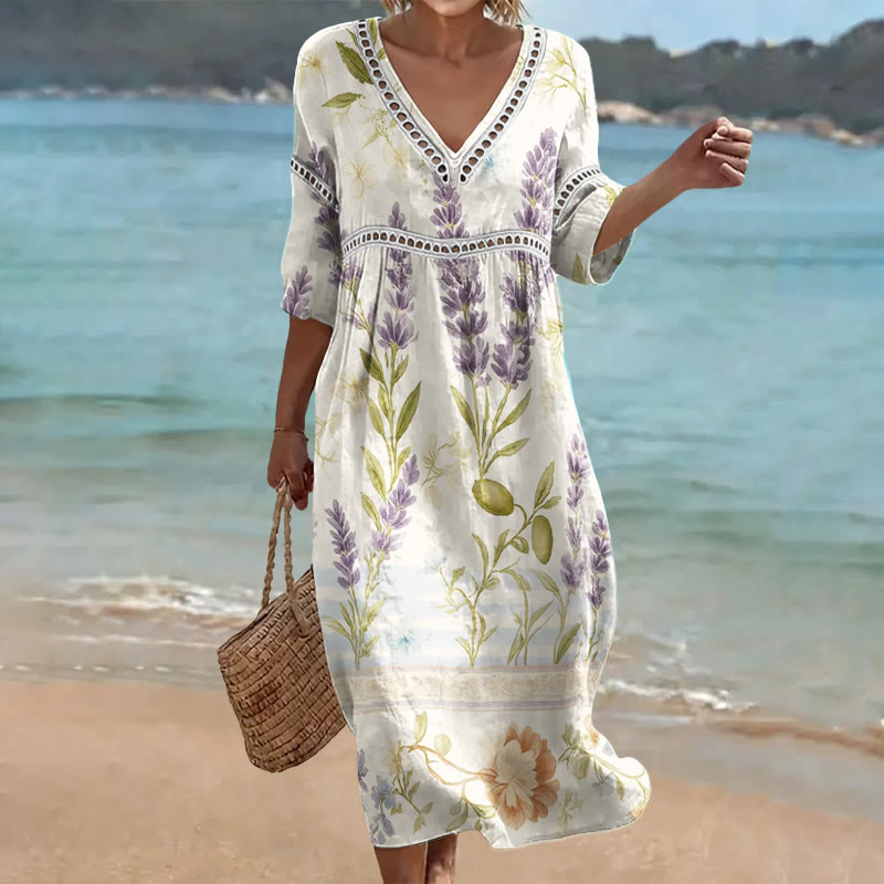 Vintage Watercolor Lavender Print Openwork Lace V-neck Half Sleeve Maxi Dress - White - 4XL - image 1