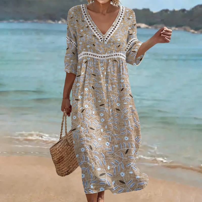 Vintage Variegated Leaves Print Openwork Lace V-neck Half Sleeve Maxi Dress - Apricot - 4XL - image 1