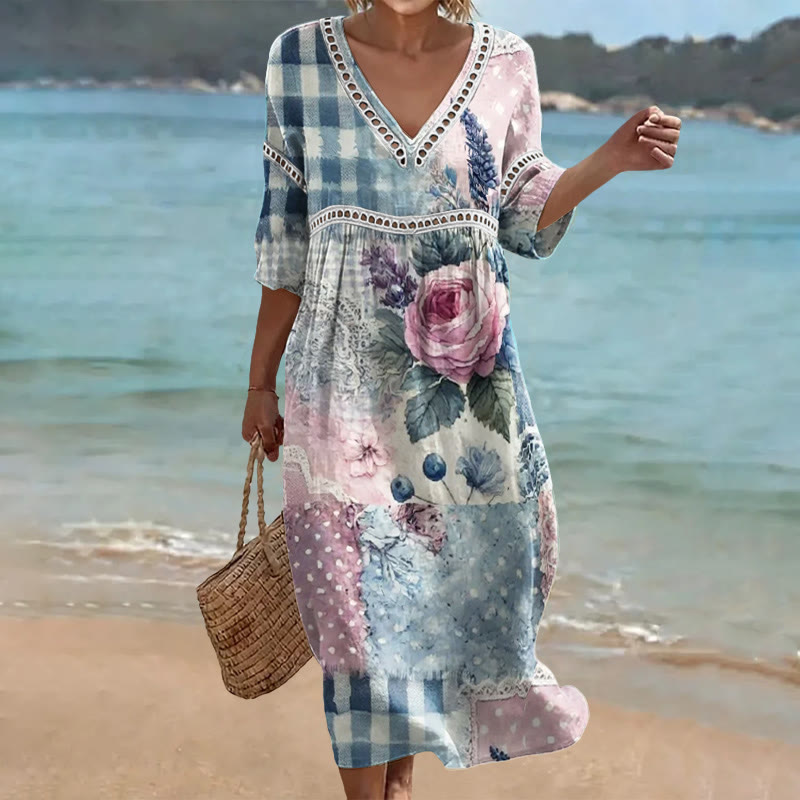 Vintage Watercolor Floral Patchwork Print Openwork Lace V-neck Half Sleeve Maxi Dress - Blue - 4XL - image 1