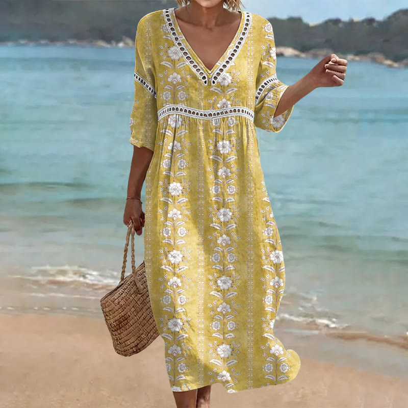 Vintage Simple Rustic Floral Print Openwork Lace V-neck Half Sleeve Maxi Dress - Yellow - 4XL - image 1