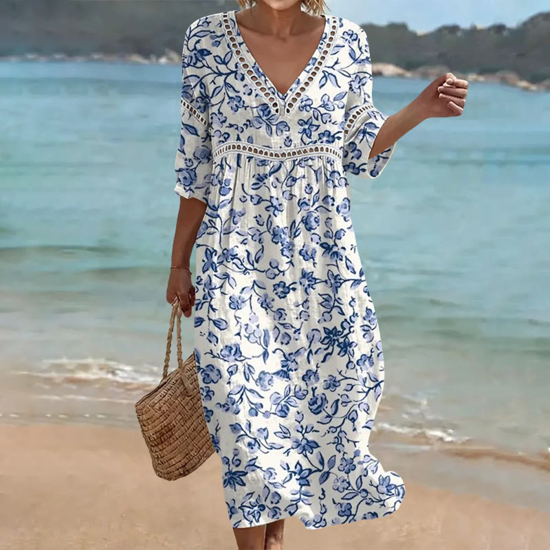 Elegant Spontaneous Watercolor Flowers Print Openwork Lace V-neck Half Sleeve Maxi Dress - Light Blue - 4XL - image 1