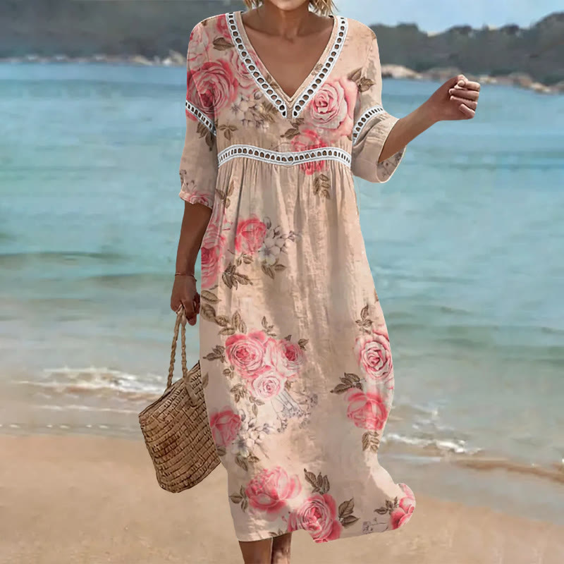 Elegant Romantic Roses Print Openwork Lace V-neck Half Sleeve Maxi Dress - Apricot - 4XL - image 1