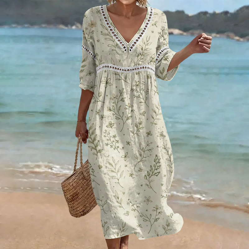 Vintage Vines And Leaves Print Openwork Lace V-neck Half Sleeve Maxi Dress - Light Green - 4XL - image 1