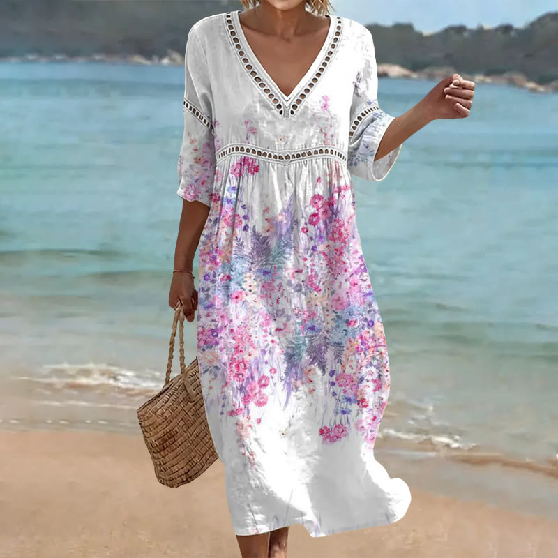 Elegant Watercolor Floral Cluster Print Openwork Lace V-neck Half Sleeve Maxi Dress - Rose - 4XL - image 1