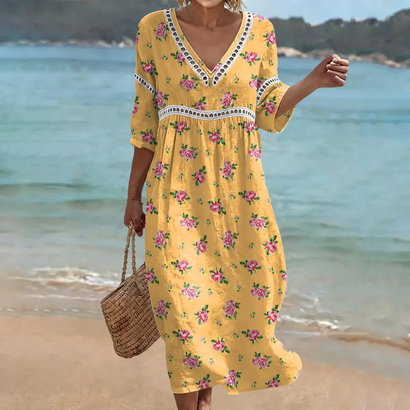 Vintage Little Country Rose Print Openwork Lace V-neck Half Sleeve Maxi Dress - Yellow - 4XL - image 1