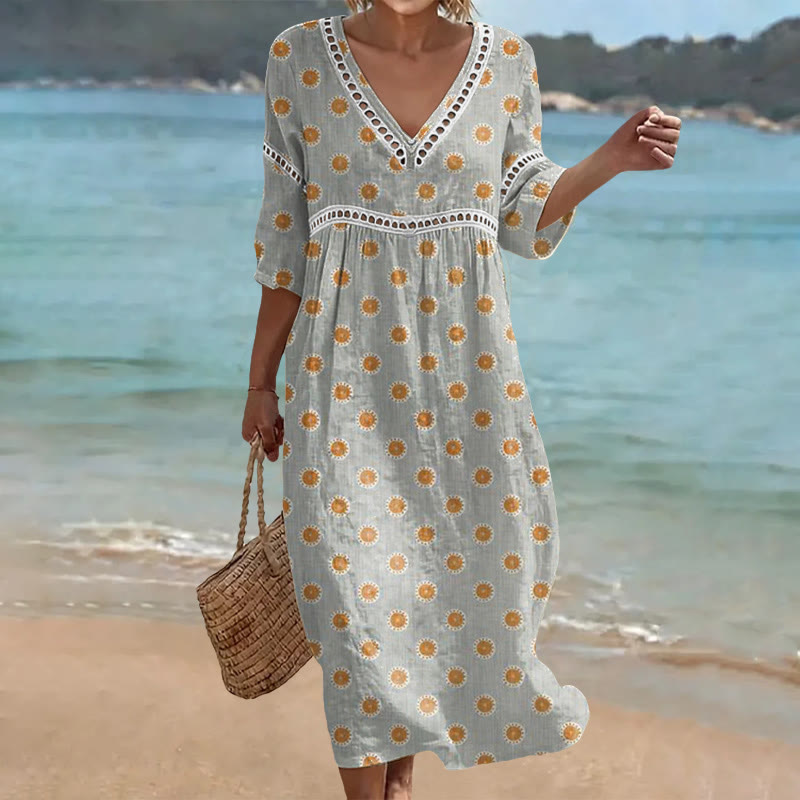 Vintage Little Daisy Print Openwork Lace V-neck Half Sleeve Maxi Dress - Light Green - 4XL - image 1