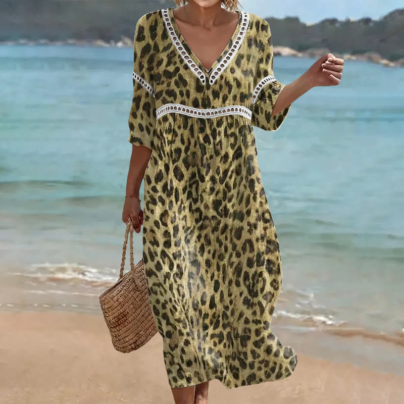 Elegant Wild Leopard Print Openwork Lace V-Neck Half Sleeve Maxi Dress - Yellow - 4XL - image 2
