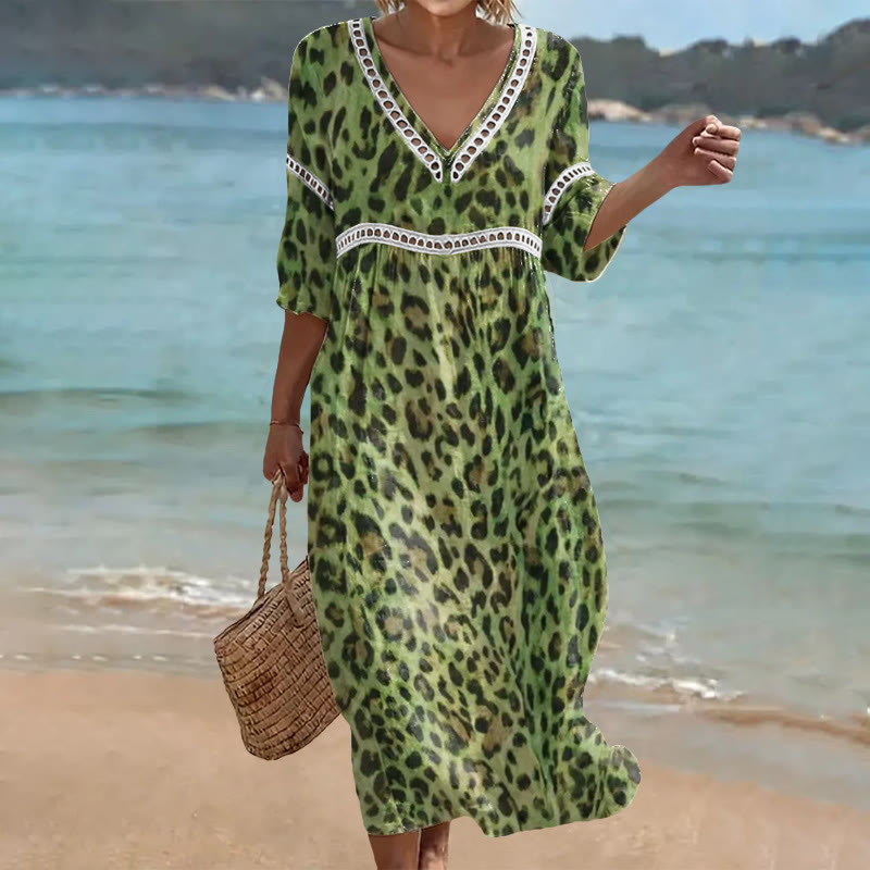 Elegant Wild Leopard Print Openwork Lace V-Neck Half Sleeve Maxi Dress - Green - 4XL - image 1