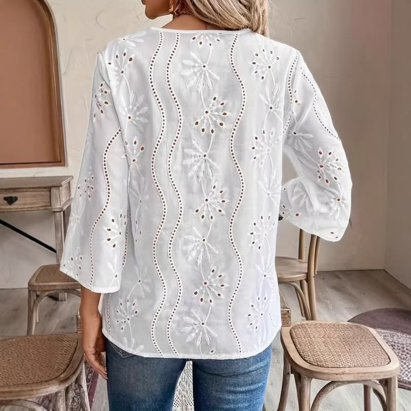 Elegant Solid Embroidered Lace V-neck 3/4 Sleeve Blouse - image 2
