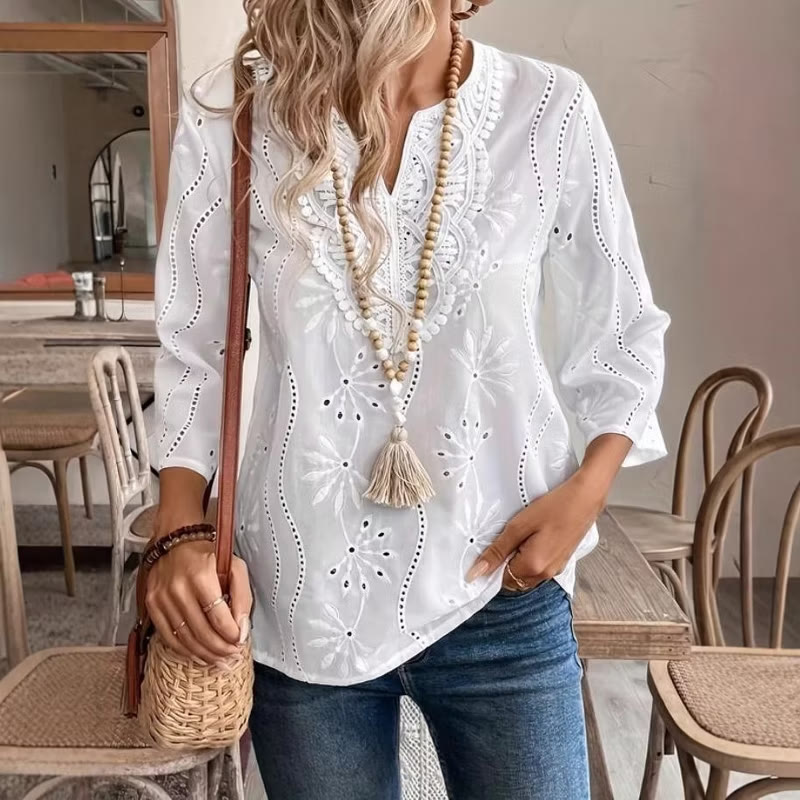 Elegant Solid Embroidered Lace V-neck 3/4 Sleeve Blouse - image 1