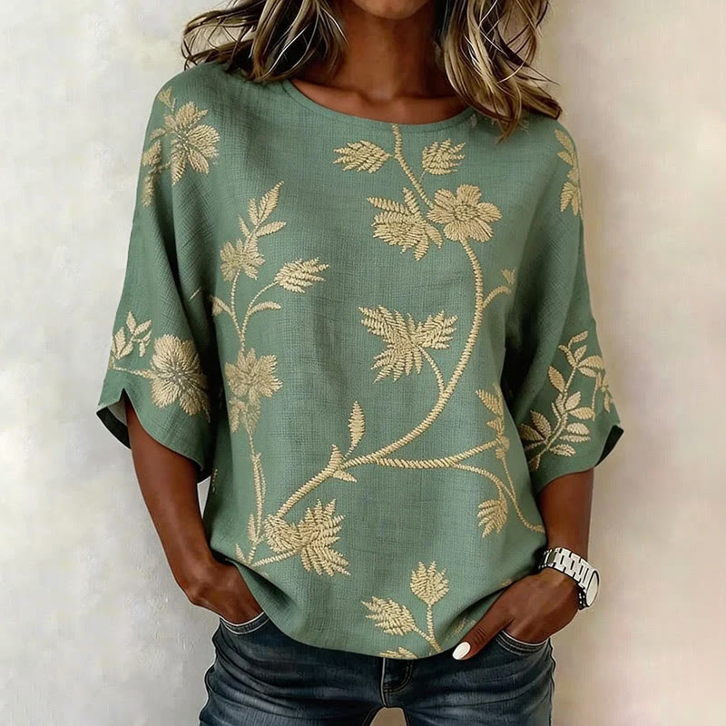 Elegant Floral Leaf Print 3/4 Sleeve Casual Blouse - Green - 4XL - image 1
