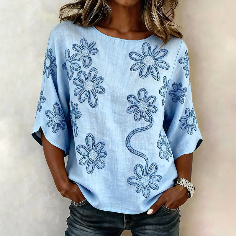 Elegant Floral Print 3/4 Sleeve Casual Blouse - Sky Blue - 4XL - image 1