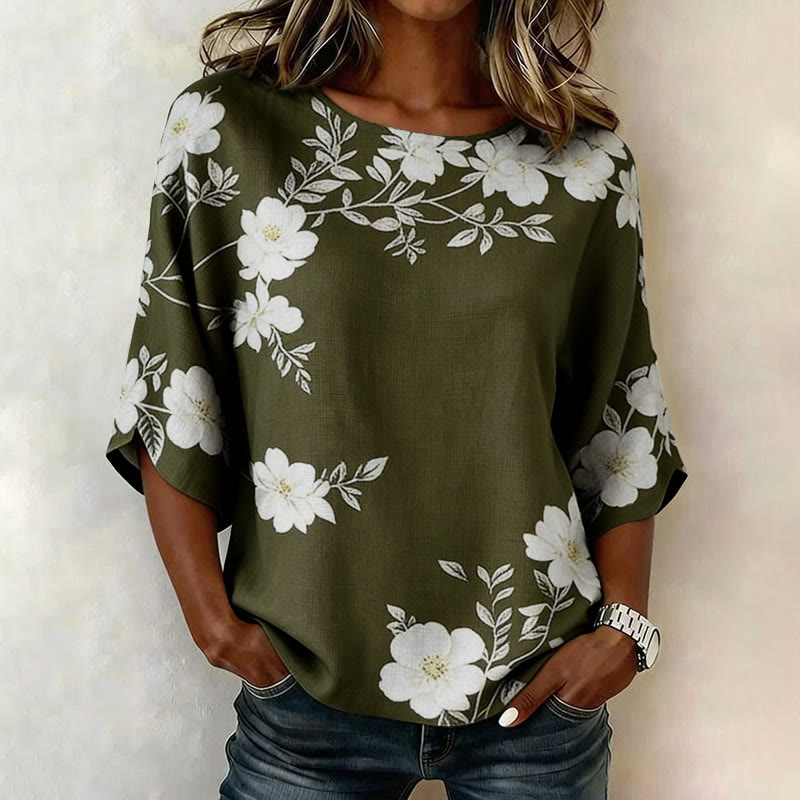 Vintage Floral Branch Print 3/4 Sleeve Casual Blouse - Green - 4XL - image 2