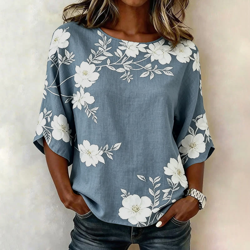 Vintage Floral Branch Print 3/4 Sleeve Casual Blouse - Light Blue - 4XL - image 1