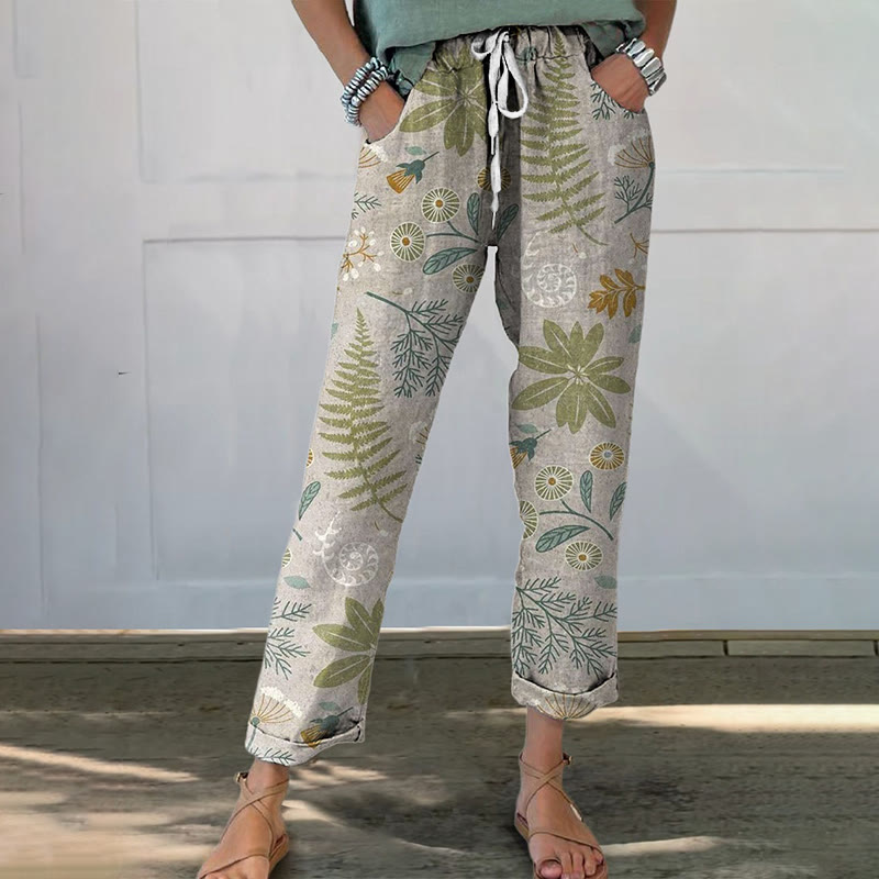 Elegant Natural Plant Leaves And Grasses Print Casual Pocket Pants  - Warm Grey - 5XL - image 1
