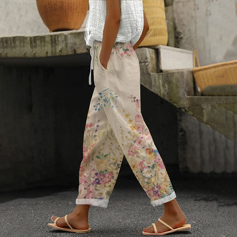 Elegant Wildflowers Watercolor Art Print Casual Pocket Pants  - Apricot - 5XL - image 2
