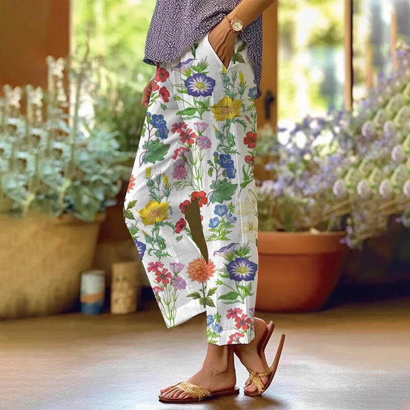 Pastoral Garden Art Print Casual Pocket Pants  - White - 5XL - image 1