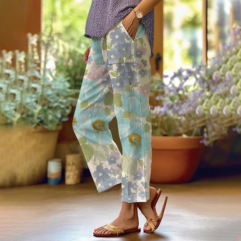 Elegant Natural Floral Clusters Print Casual Pocket Pants  - Light Green - 5XL - image 1