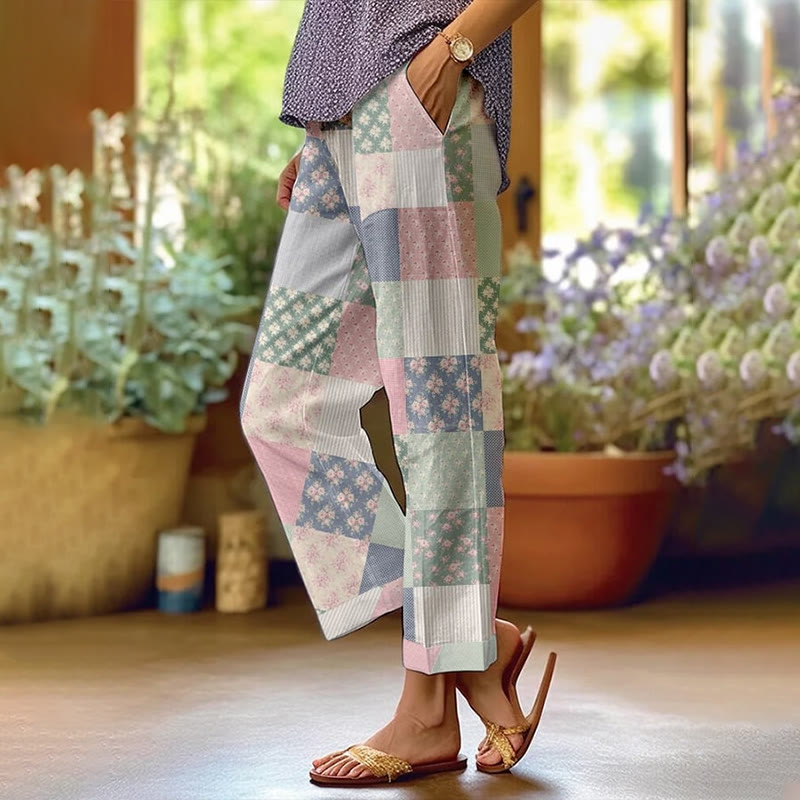 Pastoral Floral Plaid Patchwork Print Casual Pocket Pants  - Light Green - 5XL - image 1