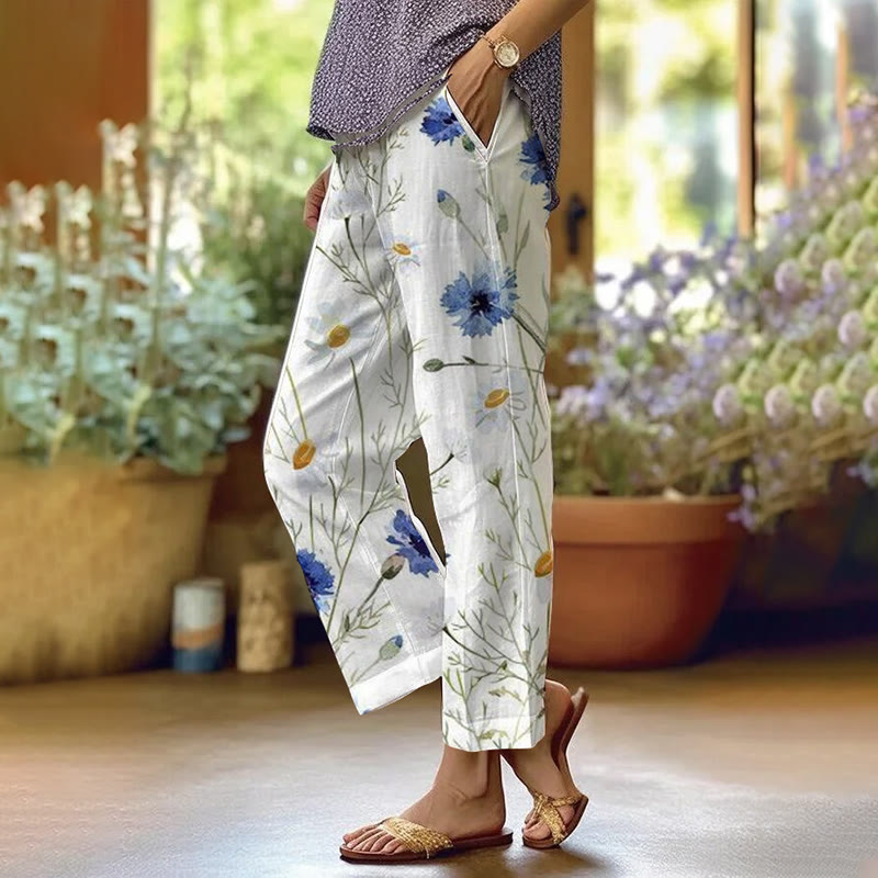 Watercolor Daisy Wildflowers Print Casual Pocket Pants  - White - 5XL - image 1