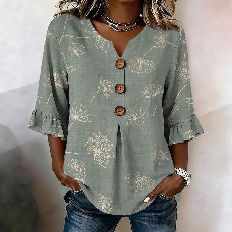 Vintage Dandelion Textures Pattern Print Button V-neck Blouse With Ruffle Sleeves - Light Green - US32-34(5XL) - image 1