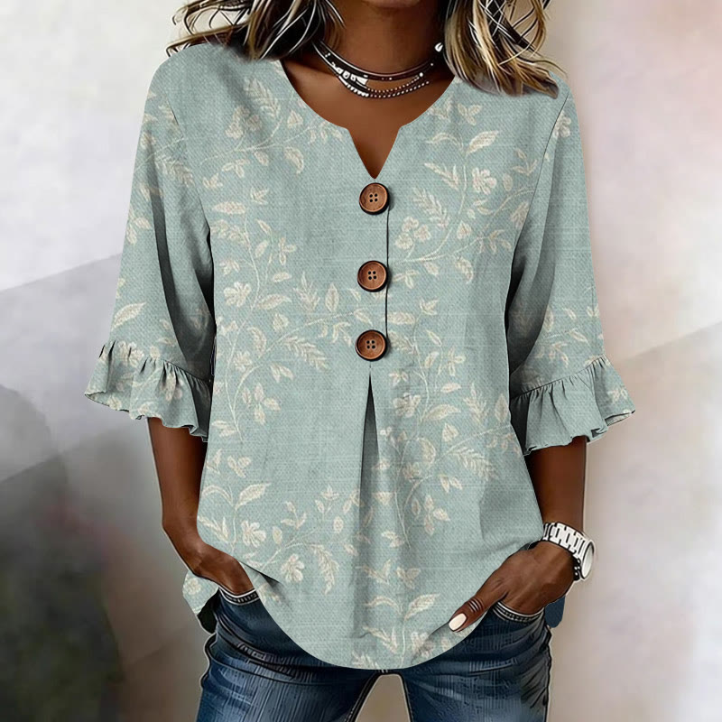 Vintage Vine Texture Art Pattern Print Button V-neck Blouse With Ruffle Sleeves - Light Blue - US32-34(5XL) - image 2