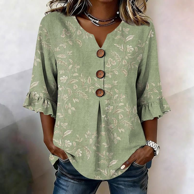 Vintage Vine Texture Art Pattern Print Button V-neck Blouse With Ruffle Sleeves - Light Green - US32-34(5XL) - image 1