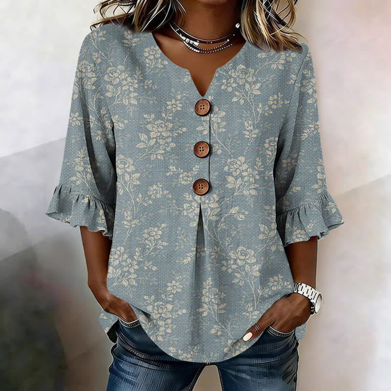 Vintage Floral Texture Pattern Print Button V-neck Blouse With Ruffle Sleeves - Light Blue - US32-34(5XL) - image 1