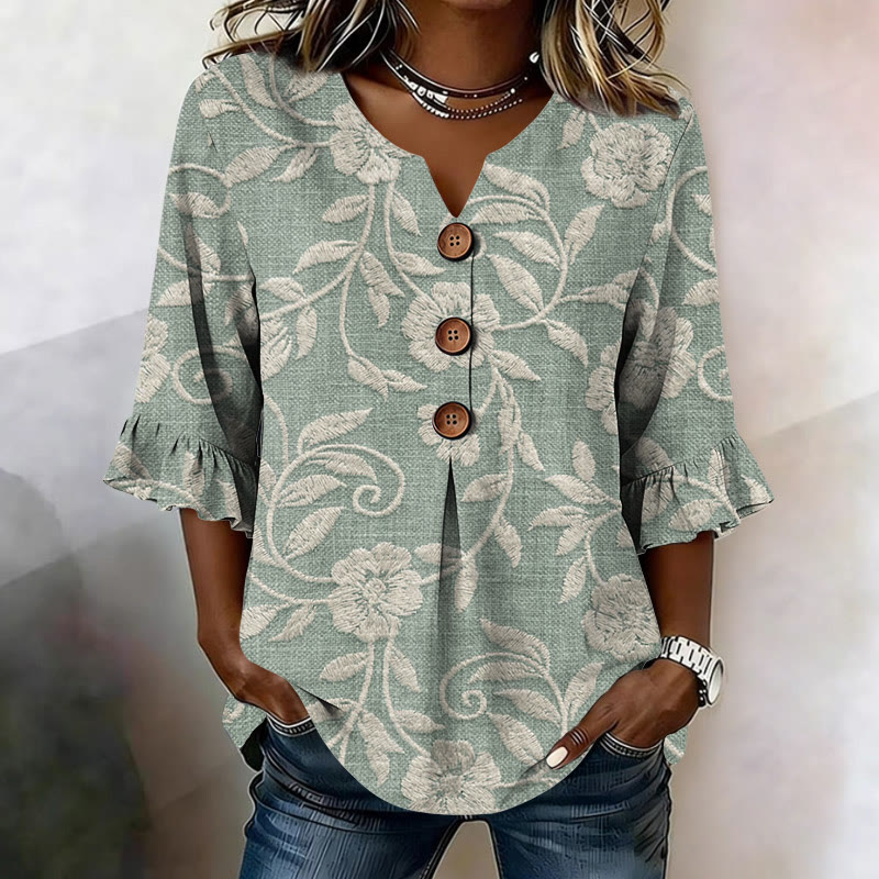 Vintage Floral Vine Stitch Pattern Print Button V-neck Blouse With Ruffle Sleeves - Light Green - US32-34(5XL) - image 1