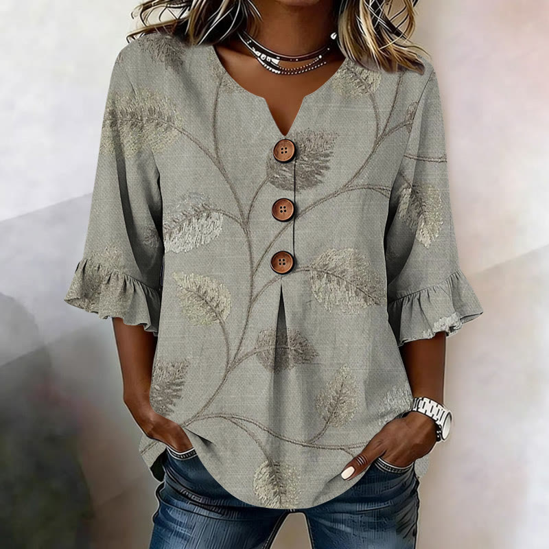 Retro Large-leaf Stitch Pattern Print Button V-neck Blouse With Ruffle Sleeves - Grey - US32-34(5XL) - image 2