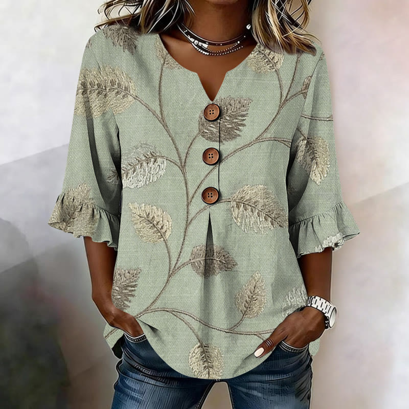 Retro Large-leaf Stitch Pattern Print Button V-neck Blouse With Ruffle Sleeves - Light Green - US32-34(5XL) - image 1