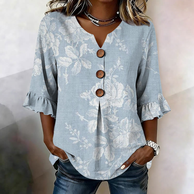 Vintage Rose Silhouette Texture Pattern Print Button V-neck Blouse With Ruffle Sleeves - Light Blue - US32-34(5XL) - image 1