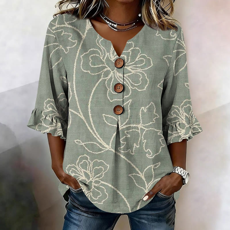  Vintage Peony Line Art Pattern Print Button V-neck Blouse With Ruffle Sleeves - Light Green - US32-34(5XL) - image 1