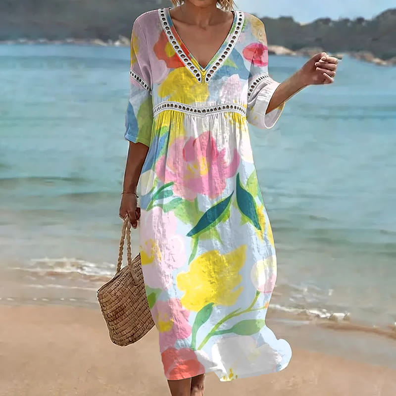 Artistic Watercolor Bloom Print Openwork Lace V-neck Half Sleeve Maxi Dress - Multicolor - 4XL - image 1