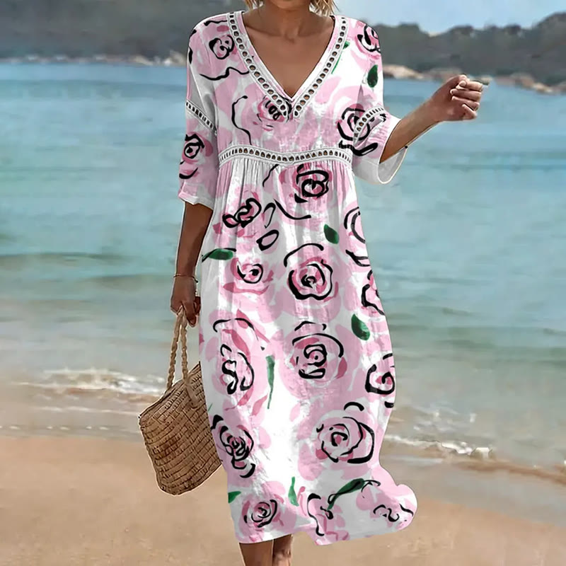 Pink Rose Print Openwork Lace V-neck Half Sleeve Maxi Dress - Pink - 4XL - image 1