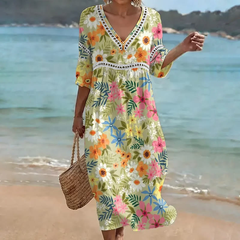 Boho Casual Flower Print Openwork Lace V-neck Half Sleeve Maxi Dress - Green - 4XL - image 1