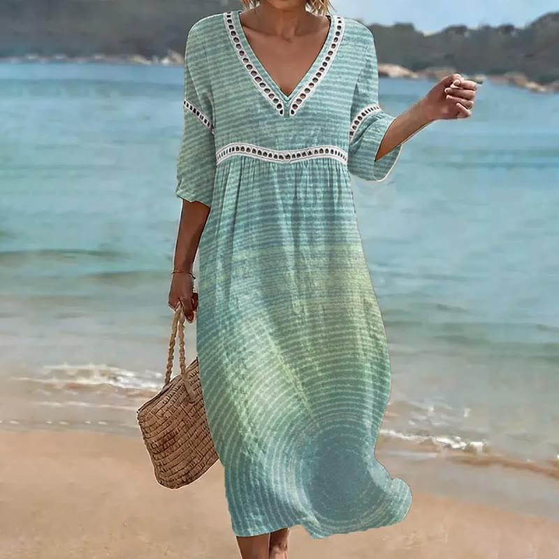 Elegant Ombre Striped Print Openwork Lace V-neck Half Sleeve Maxi Dress - Green - 4XL - image 1