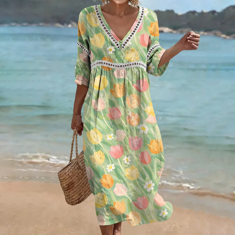 Green Tulip Floral Print Openwork Lace V-neck Half Sleeve Maxi Dress - Green - 4XL - image 1