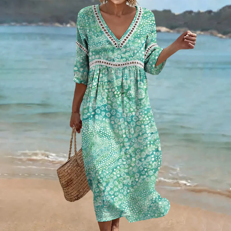Teal Green Floral Print Openwork Lace V-neck Half Sleeve Maxi Dress - Green - 4XL - image 1