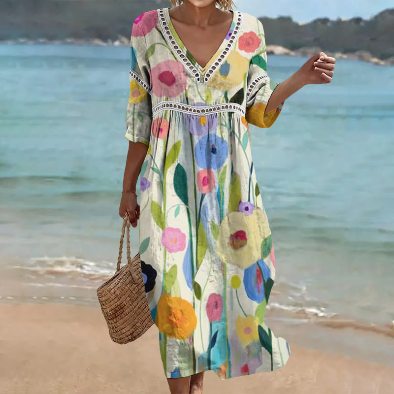 Bohemian Art Floral Print Openwork Lace V-neck Half Sleeve Maxi Dress - Multicolor - 4XL - image 1