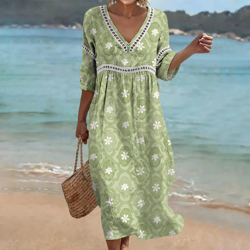 Boho Allover Flower Pattern Print Openwork Lace V-neck Half Sleeve Maxi Dress - Green - 4XL - image 2