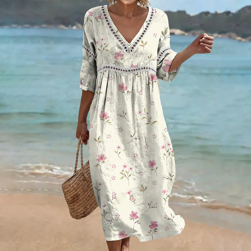 Boho Cottagecore Floral Print Openwork Lace V-neck Half Sleeve Maxi Dress - Apricot - 4XL - image 1