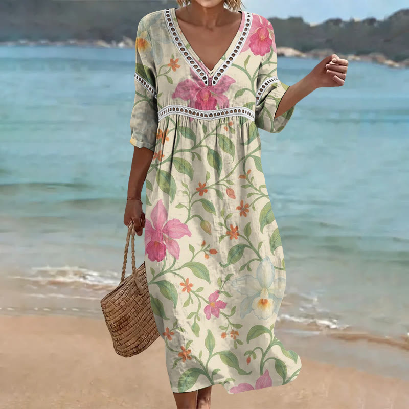 Elegant Floral Print Vacation Openwork Lace V-neck Half Sleeve Maxi Dress - Apricot - 4XL - image 1