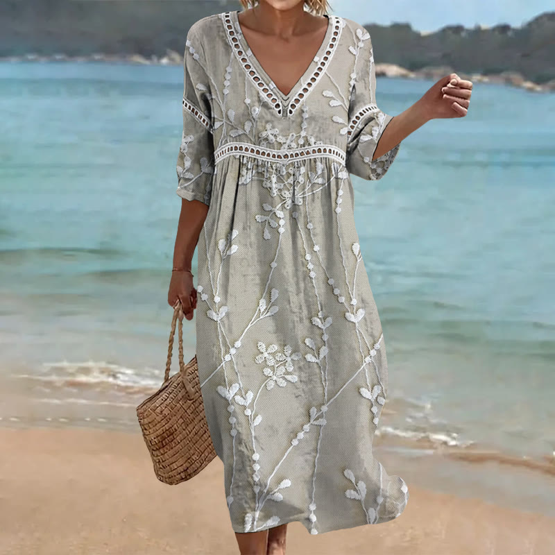 Vintage Leaf Pattern Print Openwork Lace V-neck Half Sleeve Maxi Dress - Grey - 4XL - image 1