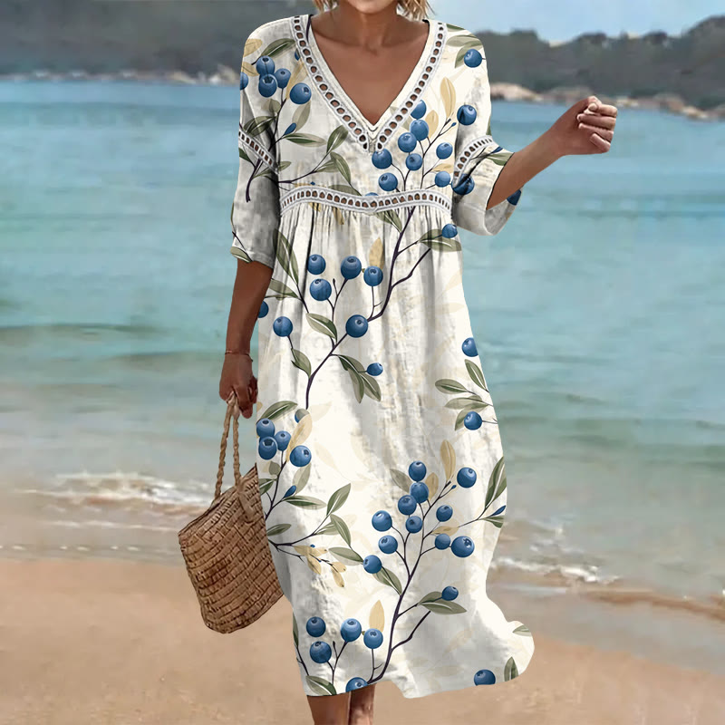 Elegant Blueberry Branch Print Openwork Lace V-neck Half Sleeve Maxi Dress - White - 4XL - image 1