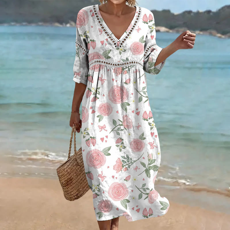 Sweet Botanical Print Openwork Lace V-neck Half Sleeve Maxi Dress - White - 4XL - image 1