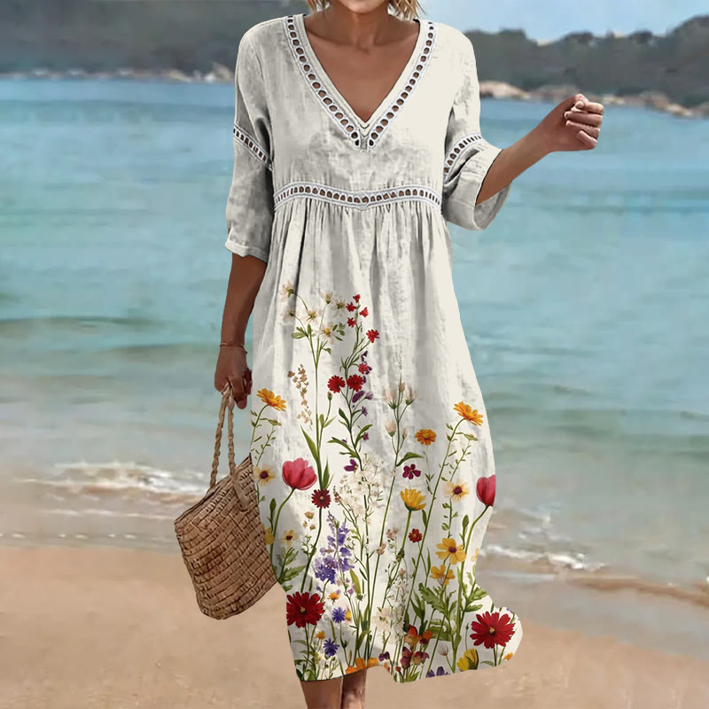 Bright Wild Floral Print Openwork Lace V-neck Half Sleeve Maxi Dress - Apricot - 4XL - image 1
