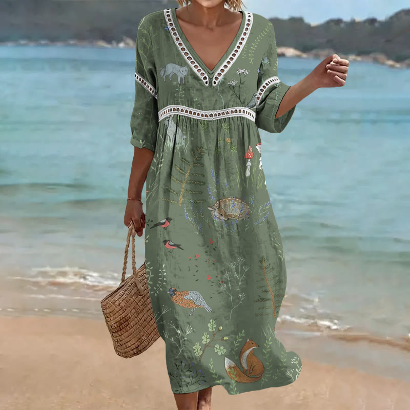 Green Forest Animal Print Openwork Lace V-neck Half Sleeve Maxi Dress - Green - 4XL - image 1